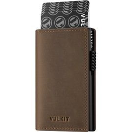 VULKIT - Portatarjetas minimalista, portafolios de piel de grano, tarjetas emergentes, protección RFID con capacidad para hasta 10 tarjetas, PIEL PULL-UP-Espresso, Minimalista