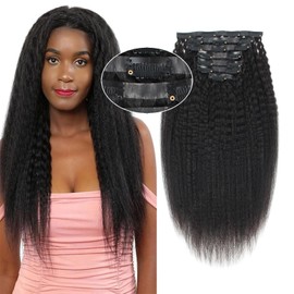 Sassina Seamless Clip in Hair Extensions Human Hair Kinky Straight Clip in Hair Extensions for Black Women Nature Black Double Weft PU Clip ins for Women 7 Pieces 120 Gram Per Set, 14 Inch