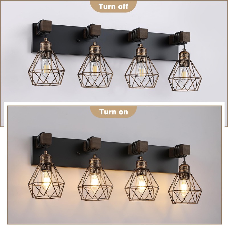 Farmhouse Bathroom Vanity Light Fixtures, 4-Light Black Gold Bathroom Light