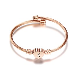 KunBead Jewelry Rose Gold Initial K Letter Love Heart Charm Birthday Bracelet Stainless Steel Bangle Cuff Jewellery Bracelets for Women