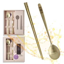 BALWOO [5 Sets] [Made in Korea] Korean Sticky Rice Spoon Chopsticks Set Gold Titanium Plating 304 Stainless Steel Tableware Cutlery Set Mukbang Chopsticks (Korean Palace Pattern TITANIUM, 5 Sets)