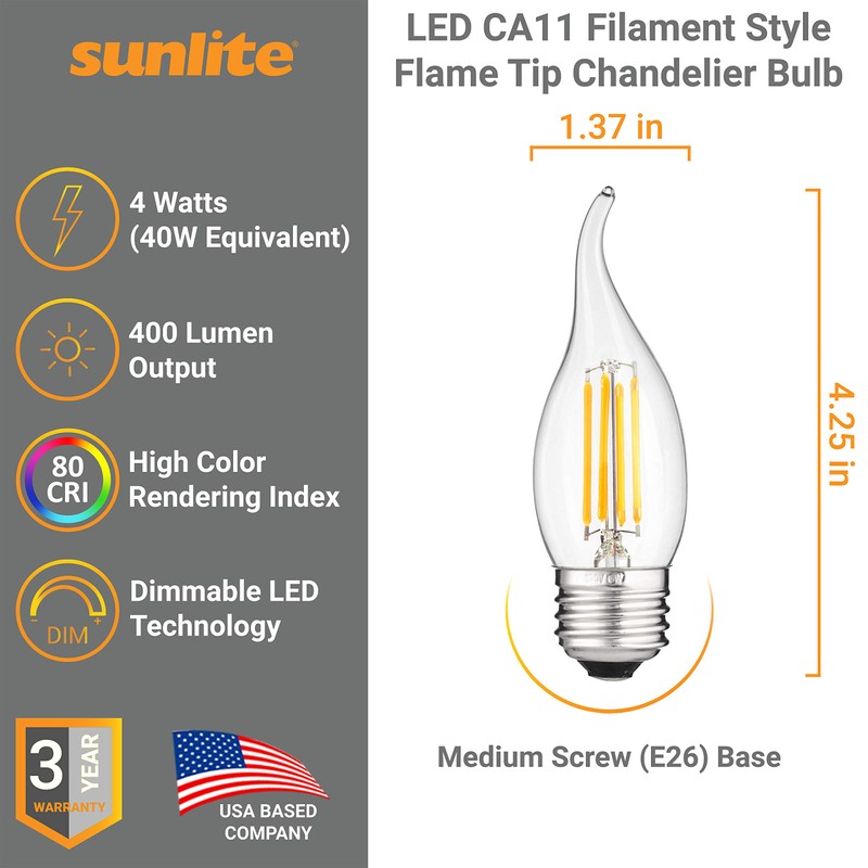 Sunlite LED Filament CA11 Flame Tip Chandelier Light Bulb, 4