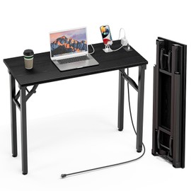 TEMI Small Computer Desk Folding Table - No Assembly, Compact 35.8" Foldable Desk with Power Outlets & USB Charging Port, Portable Small Office Desk, Ideal Mini Study Table, Dark Oak