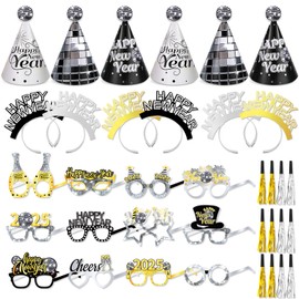 DPKOW Disco New Year's Eve Party Supplies 2025, Black Gold Silver New Year Party Hats Glasses Happy New Year Headbands