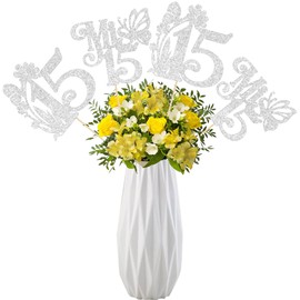 Ephlyn 12Pcs Happy 15th Birthday Centerpiece Sticks Hello 15 Sweet 15 Table Flower Centerpieces Sticks Fifteen Mis 15 Quince Floral Decorations for Cheers to 15 Theme Anniversary Party Supplies Silver