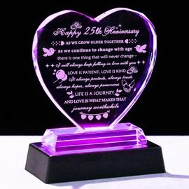 Arikyrist 25th Wedding Anniversary Crystal Gifts for Couples Laser Engraved Romantic 25th Anniversary Heart Keepsake for Couples with LED Base 25 Years of Marriage Gifts for Wife Husband