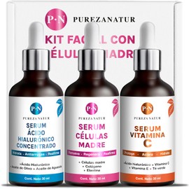 Kit Serum facial Acido Hialurónico, Vitamina C y Células Madre anti edad | Paquete completo de serum para el cuidado de la piel, hidratación y rejuvenecimiento (Kit AH + Celulas madre + Vit C)