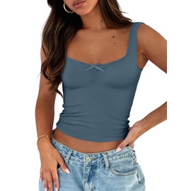 Trendy Queen Going Out Tops for Women Y2k Summer Teen Girls Cute Crop Tank Top Square Neck Basci Bow Clothes 2025 Camisole HazeBlue S