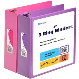3 Inch Binder (2 Pack) Pink and Purple 3 Ring Binder 3 inch, Clear View Cover with 2 Inside Pockets, Three Ring Binders for Home, Office and School Supplies - Enday