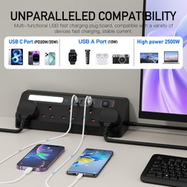 Desk Extension Lead with USB Slots, BOCHLION PD 35W + PD 20W Fast Charging Power Station with Night Light, 5 Way Plug Extension Socket Surge Protector, Desktop Power Strip 1.8M for Home Office-Black