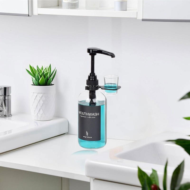 Onsogi Clear Glass Mouthwash Dispenser with Black Cup Holder and