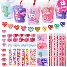 BEIKEETOO Valentines Day Gifts for Kids Classroom 28 Pack Valentines Day Cards for Kids School Exchange, 224PCS Stationery Set with Cups Party Favors Valentines Day Goodie Bag Stuffers Boys Girls