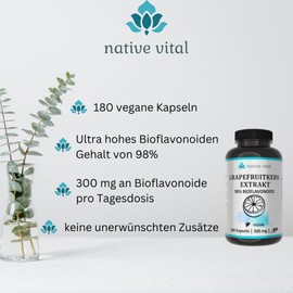 Native Vital Grapefruitkernextrakt - WICHTIG: 98% Bioflavonoide - 180 Kapseln - Made in Germany - Vegan - Premium Qualit?t