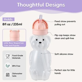 Upgraded 2 Pack Honey Bear Straw Cups for Baby, Toddler - Flip Top, Spill-Proof & Anti-pullout & Pop-up Straw Design - 8 OZ Squeezable Transition Sippy Cup for Speech & Feeding Training, Purple&Pink