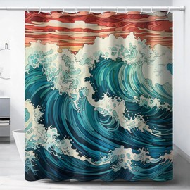 LITINGZHILONG Japanese Wave Art Shower Curtain, Oriental Retro Wave Monochrome Retro Abstract Wave Decorative Bathroom Shower Curtain, Asian Style Wave Ocean Theme Shower Curtain 12 Hooks 72x72in