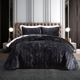Homzard Velvet Quilt Set Queen Size, Black Velvet Comforter Set, Bedspread Coverlet Quilted Bedding Set,for All Season