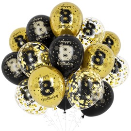 Unisun 8th Birthday Balloons, 8 Years Birthday Decorations for Boys, Happy Birthday Black Gold 8 Anniversary Balloons Decoration for Birthday Party Supplies