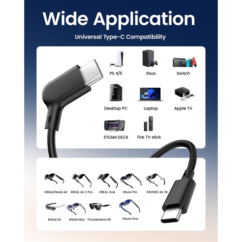 AR Smart Glasses USB-C Cable, 20Gbps USB 3.2 Gen2 Data