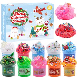 Slime Advent Calendar 2024 for Girls Boys, Fluffy Slime Children's Christmas Calendar, Christmas Surprises Gift with Different Textures Slime Kit Toy from 4 5 6 7 Years Girls