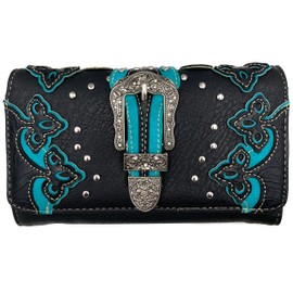 Justin West Concealed Carry Rhinestone Tooled Leather Studded Buckle Messenger Cross Body Handbag Purse (Black Turquoise Wallet)
