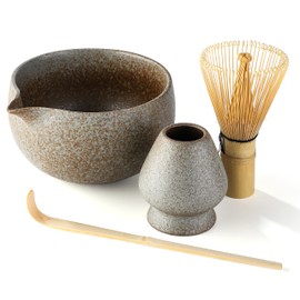 Single Mouth Matcha Bowl Set, Tea Utensils, Tea Utensils, Bowls, Chasen Whisk, Chasaku, Single Mouth Peach Shaped Round (White on Rock)