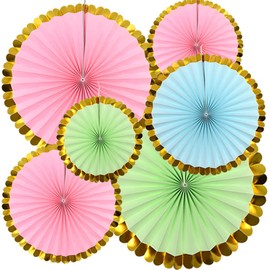 Yosawa 6Pcs Paper Fan Flowers Hanging Paper Fans Decoration for Birthday Wedding Christmas Graduation Theme Party （Colored Gold Lace）
