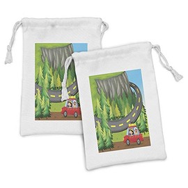 Lunarable Road Trip Fabric Pouch Set of 2, Touristic Family Road Trip in National Park Green Pines Environment Themed Print, Small Drawstring Bag for Toiletries Masks and Favors, 9" x 6", Multicolor