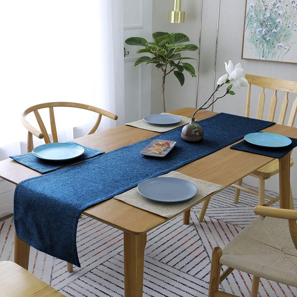 Khooti Double Sided Washable Poly Jute Table Runner Heat Resistant Dining Table Runner Coffee Center Table for Kitchen Table,180x30cm/70.9x11.8inch(Color-Navy Blue)