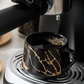 LUKA Ceramic Espresso Cups with Saucers and Metal Stand, Small 4 oz Porcelain Demitasse Cups Set of 6, Cute Cappuccino Coffee Cups for Double Espresso, Tea, Marbling Black