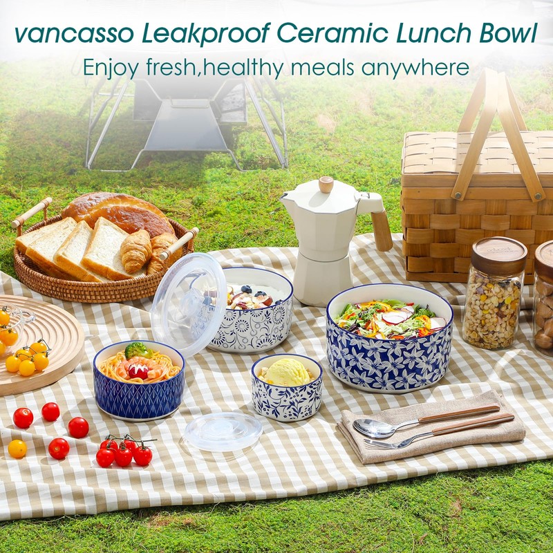 vancasso Ceramic Nesting Bowls with Lids Set of 4, Serving