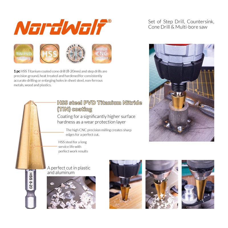 NordWolf 12-Piece HSS Titanium Metric Step, Countersink, Cone Drills with