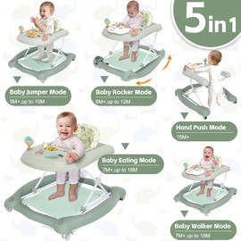 Foldable Baby 5-in-1 Activity Walker - Rocker, Activity Center, Bouncer, Seat Walker, Push Walker - Adjustable Speed Rear Wheels and Height Toys Ages 6-18 Months… (Light Green)