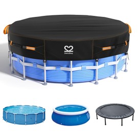 15ft Round Pool Cover Tarp, Solar Pool Covers for Above Ground Pools Heavy Duty 500D Tear-Resistant Waterproof UV Protection Winter Swimming Pools Cover with Windproof Gel-Coate Straps, Drawstring