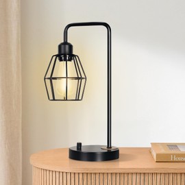 YEHKHEY Industrial Dimmable Table Lamps, Modern Black Bedside Lamp with USB A+C & 2 AC Outlet Charging Ports, Farmhouse Lamp with Metal Cage Shade for Bedroom, Office, Living Room, Bulb Included