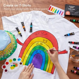 Shuttle Art Fabric Paint Permanent for Clothes, 15 x 12ml Colours Fabric Paints Set with Brushes, Palette, Stencils, Non-Toxic Waterproof Textile Paints for T-Shirt, Shoes, Bag, Jeans