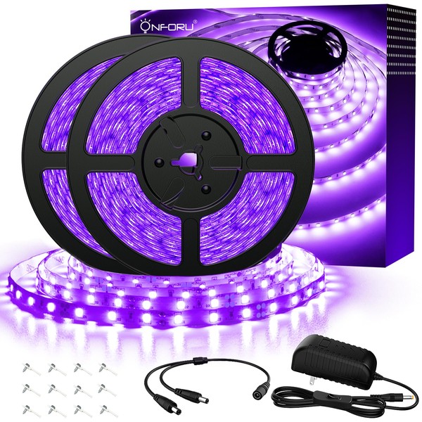 Onforu 32.8ft LED Black Light Strip Kit, 600 Units Lamp Beads, 12V Flexible Blacklight Fixtures, 10m Ribbon, Non-Waterproof for Glow Party, Indoor Birthday, Body Paint,Halloween