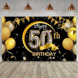 Costume Bay Black Gold Happy Birthday Backdrop Banner 180 * 110 cm Large Background Cloth Photo Party Large Decoration Sign for Birthday Party (Black - 50th, ONE)