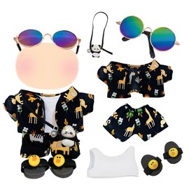 6Pcs Doll Clothes for 17cm Plush Dolls, Vacation Style Plush Doll Clothes Set, Panda Pendant, Printed Shirt and Shorts, Vest, Sunglasses, Yellow Duck Slippers, Suitable for Children & Collectors