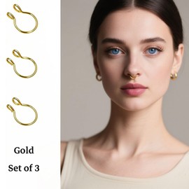 AzureRay 3er Set Fake Nasenring Gold, Faux Septum & Nose Ring Hoop, Chirurgenstahl Clip auf Piercing, Ohne Stechen Körperschmuck Set für Männer & Frauen