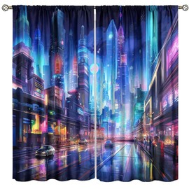 Cyber City Landscape Curtains, Modern Fantastic Colorful Neon Abstract Urban Skyscraper Building Scenery View Drapes, Blackout Rod Pocket Window Treatments for Living Room Bedroom Bathroom 42x45in