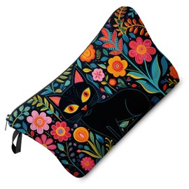 Livel Lhood - Bolsa de maquillaje de gato negro para pintura de arte popular mexicano, organizador pequeño con cierre, bolsa de cosméticos con estampado de gato negro y gatito, regalo para mujeres