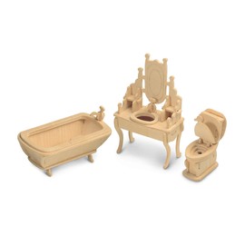 Puzzled 3D Wooden Bathroom Dollhouse Furniture Set Construction Kit - DIY Wooden Dollhouse Bathroom Puzzle Model Kit, Fun and Educational 3D Puzzle to Build and Paint - 44 Pieces Pack