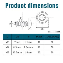 QANCEN 50 pcs Torx Self Tapping Screws,M4x12mm Stainless Steel Wood Screws Pan Washer Head Self Drilling Sheet Metal Security Screw for DIY, Carpenter, Furniture