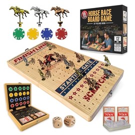 Horse Racing Board Game - Large 22 Inches Folding Horse Race Game Board Adult - Exciting Family Racing Set with Built-in Storage for Premium Chips, 2 Sets of Cards, 2 Dice, and 11 Metal Derby Tokens