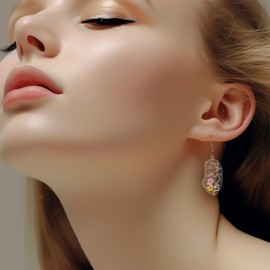 JeanBeau Pressed Flower Abstract Face Art Daisy Earrings for Women Unique Resin Flowers Gold Teardrop Dangle Drop Nature Light Beige Pink Floral Earings Fashion Jewelry