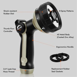 RESTMO Full Shower Hose Nozzle, Metal Spray Nozzle for Garden Hose, 8 Spray Patterns, Water Hose nozzle with Thumb Control, Ideal for Outdoor Lawn & Plant Watering, Car & Pet Washing, Black