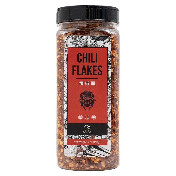 Soeos chili flakes 7oz, Premium Sichuan Chili (Chili Flakes), Medium Hot, Ground Sichuan Red Chili Pepper.