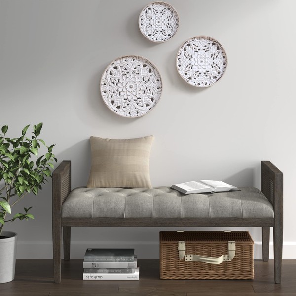 Madison Park Wall Art Living Room Décor - Medallion Trio Real Fir Wood Round Design, Home Accent Modern Kitchen Dining Decoration, Ready to Hang Panel for Bedroom, Multi-Sizes, Natural/White 3 Piece