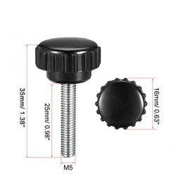 sourcing map M5 x 25mm Metric Male Thread Knurled Clamping Knobs Grip Thumb Screw on Type Plastic Threaded Hand Bolt Knobs Black 6 Pcs