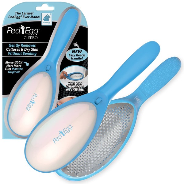 PedEgg Jumbo As Seen On TV, Gently Removes Calluses & Dry Skin Without Bending for Smooth, Soft Feet, Easy Reach Handle, Mess-Free, 300% More Microfiles Than Original, Reach Your Feet with Ease